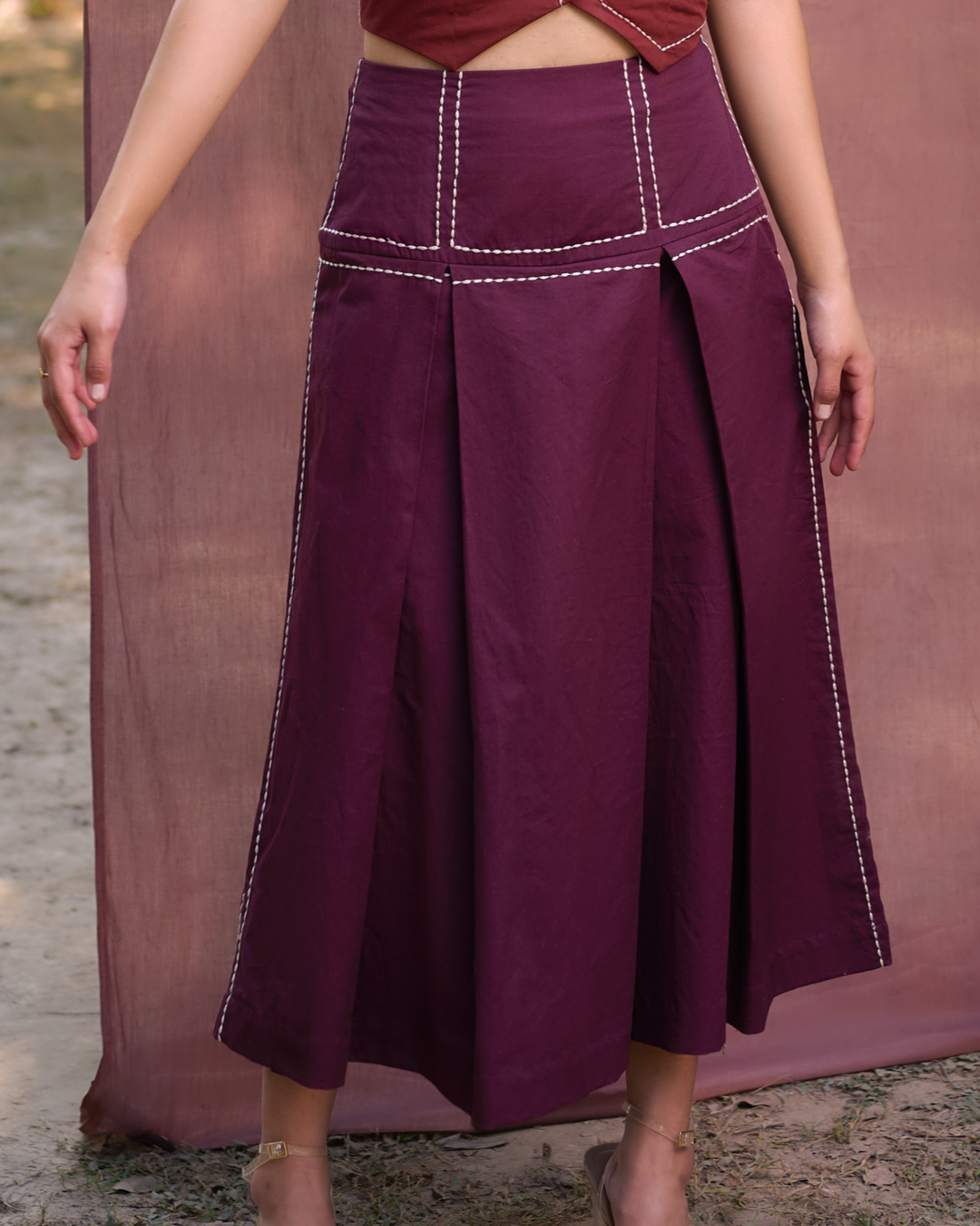 Kantha Embroidered Midi Skirt - Burgundy
