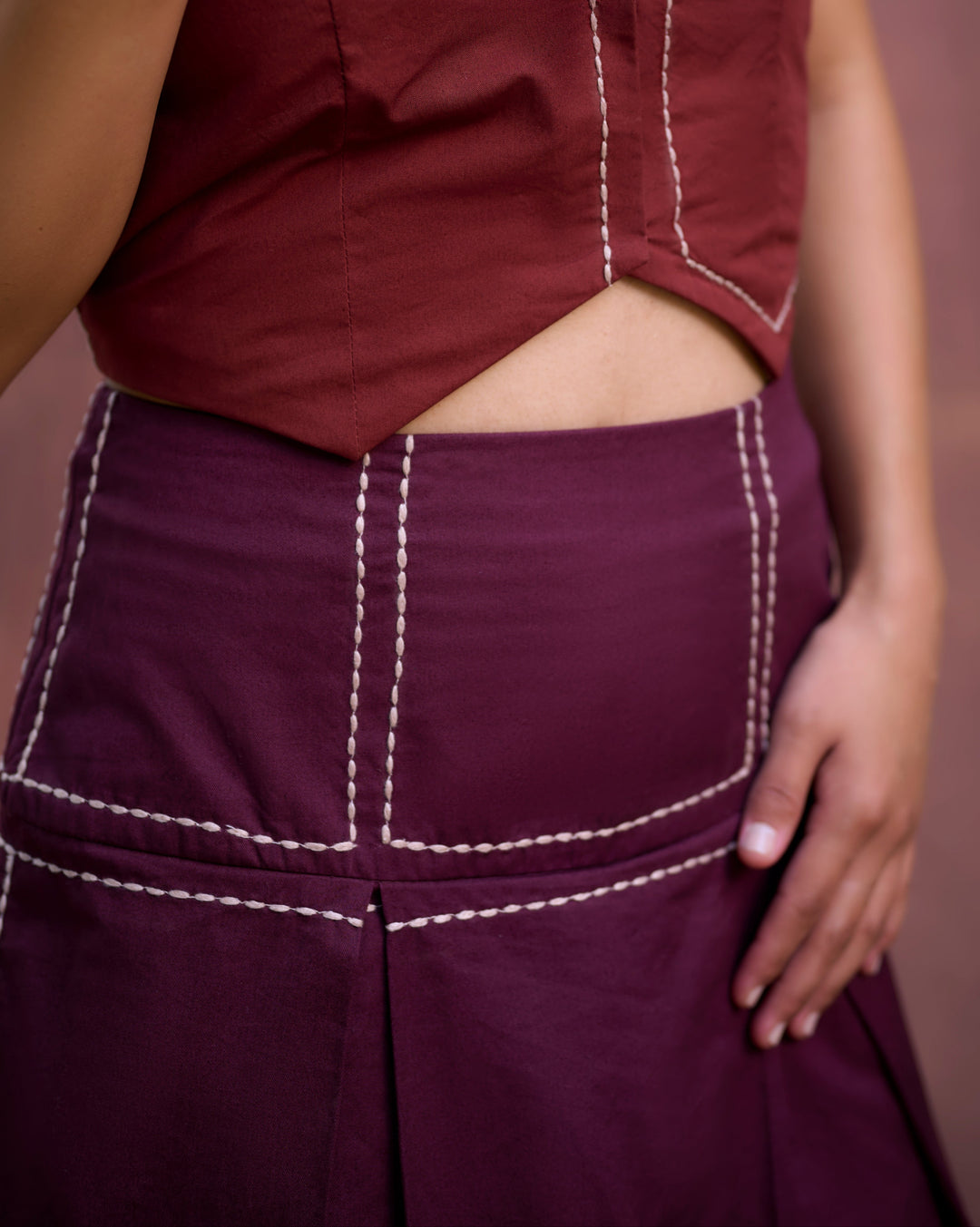 Kantha Embroidered Midi Skirt - Burgundy