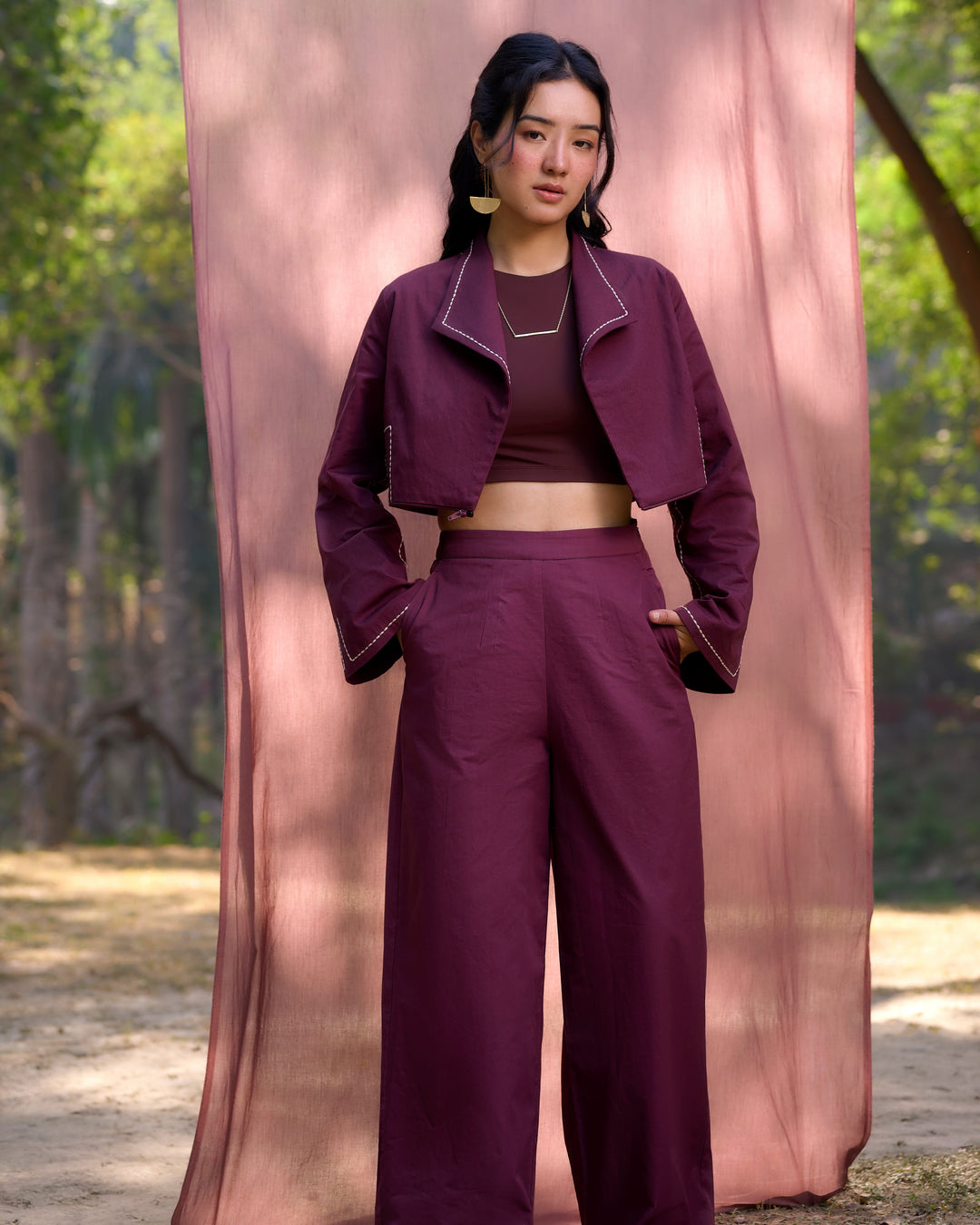 Solid Side Pockets Trousers - Burgundy