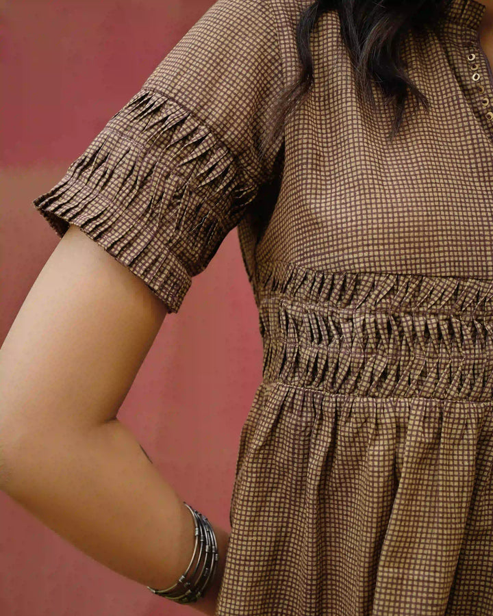 Hand Block Printed Checkered Gathered Top - Green & Maroon