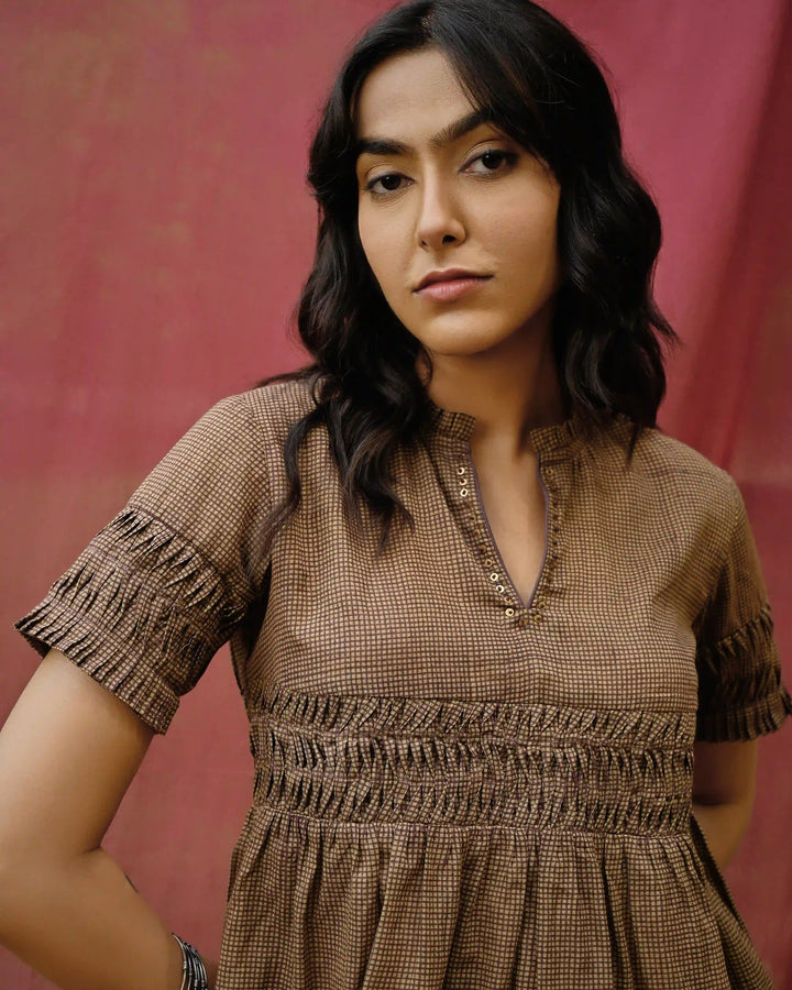 Hand Block Printed Checkered Gathered Top - Green & Maroon