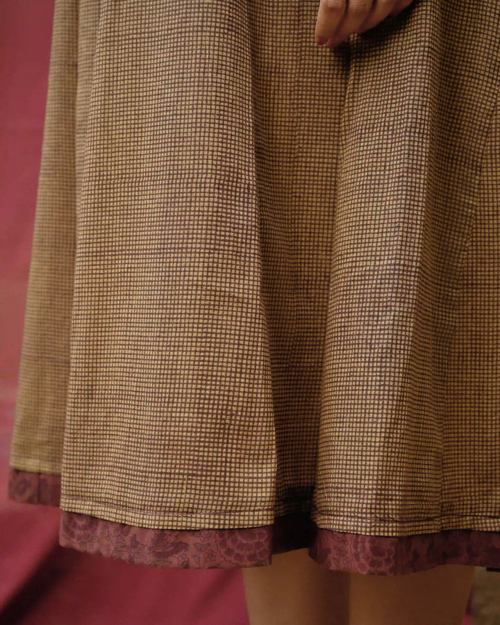Hand Block Printed Checkered Midi Dress - Green & Maroon