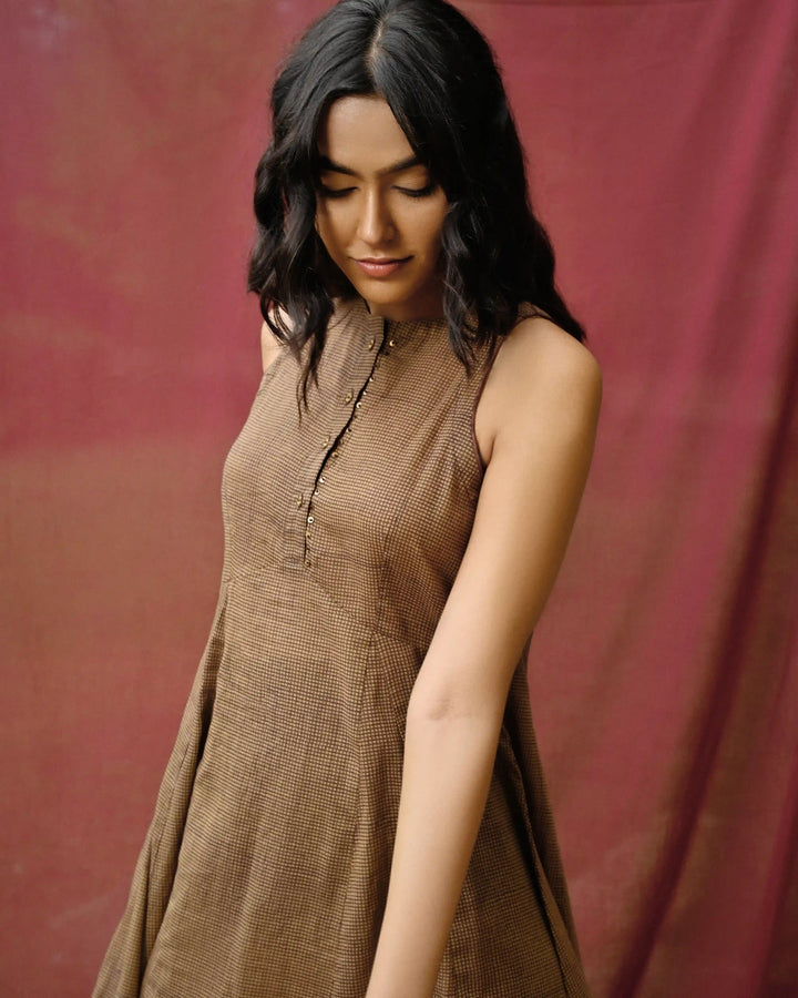 Hand Block Printed Checkered Midi Dress - Green & Maroon