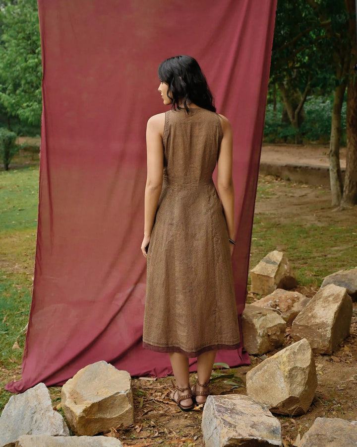 Hand Block Printed Checkered Midi Dress - Green & Maroon