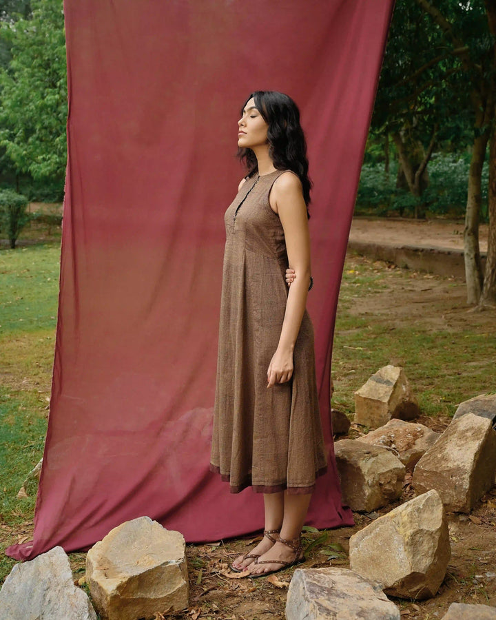 Hand Block Printed Checkered Midi Dress - Green & Maroon