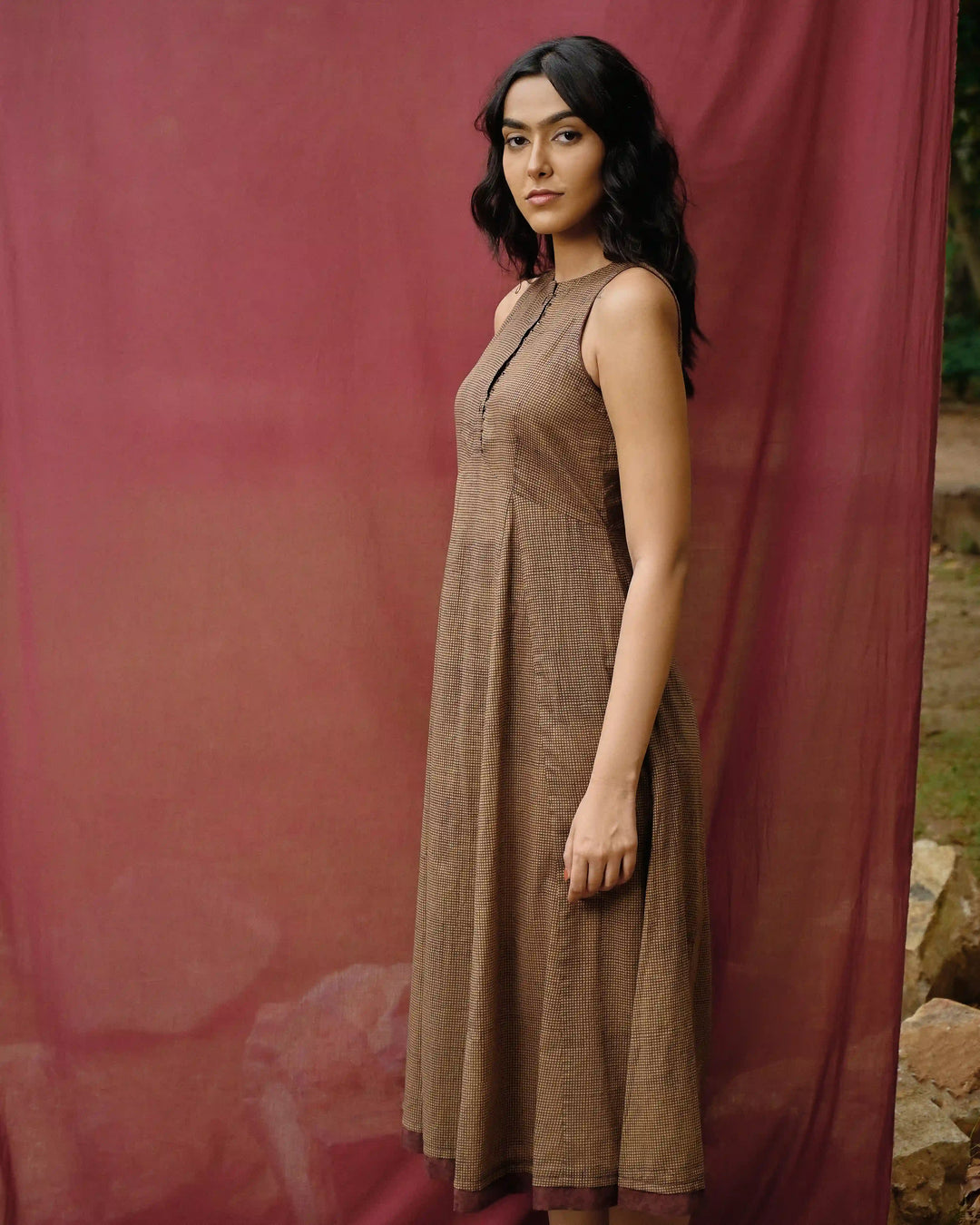 Hand Block Printed Checkered Midi Dress - Green & Maroon