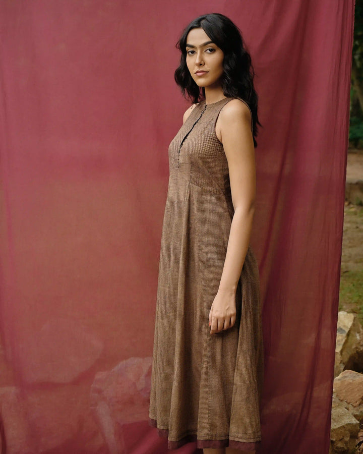 Hand Block Printed Checkered Midi Dress - Green & Maroon