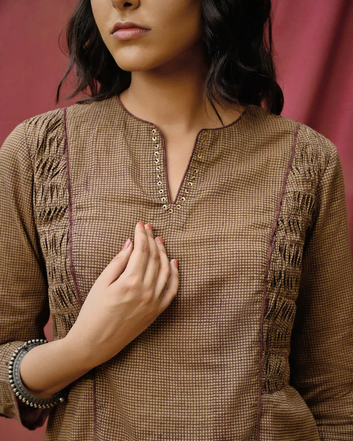 Hand Block Printed Checkered Side Pleating Kurta - Brown