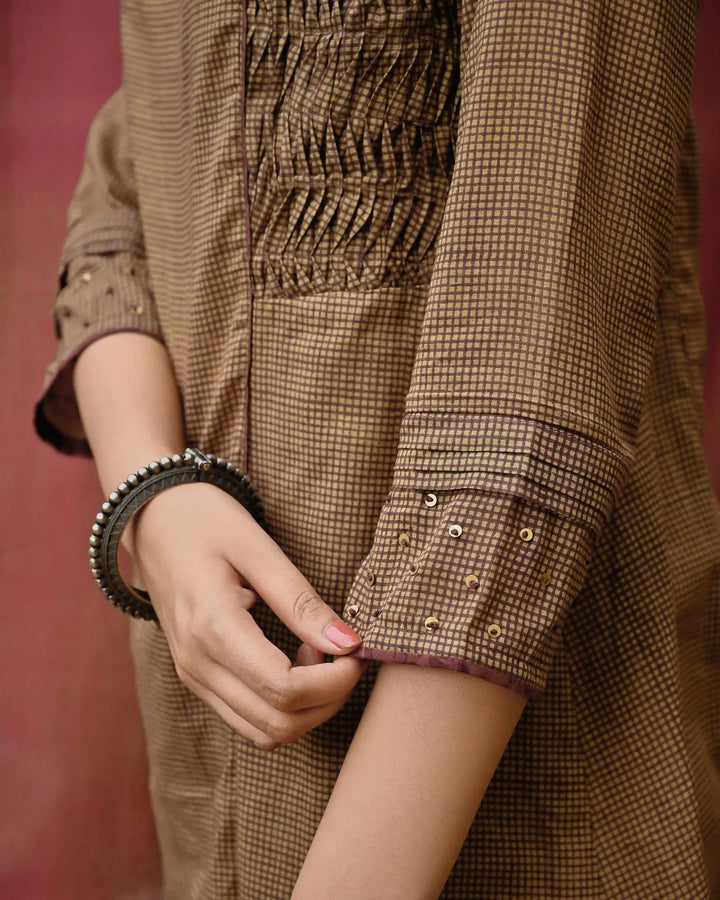 Hand Block Printed Checkered Side Pleating Kurta - Brown