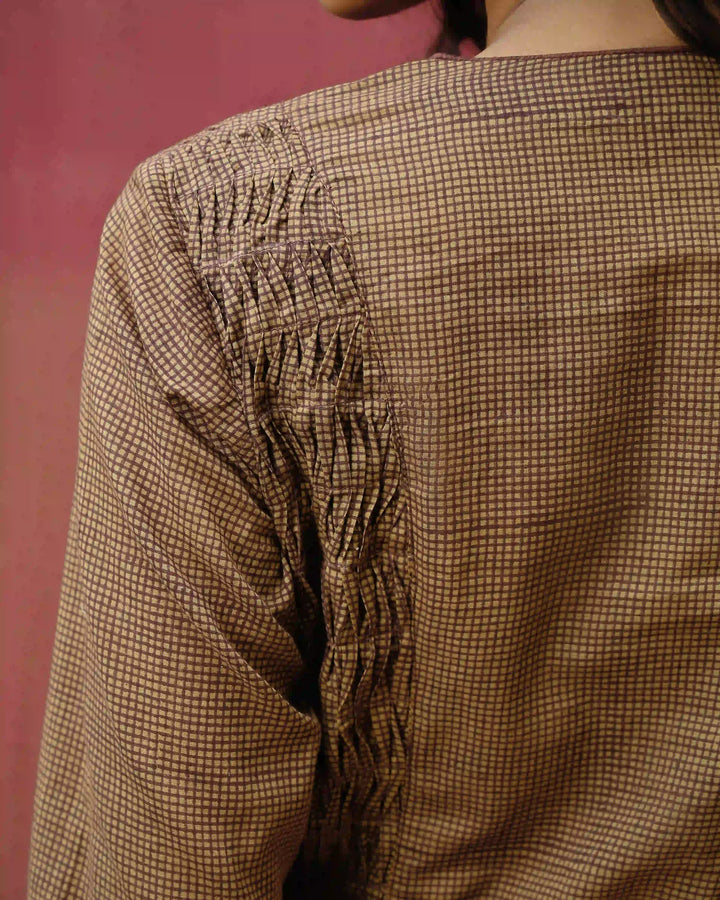 Hand Block Printed Checkered Side Pleating Kurta - Brown