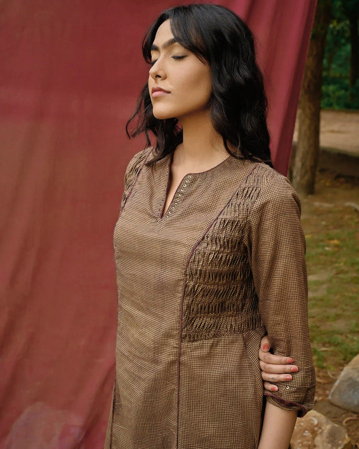 Hand Block Printed Checkered Side Pleating Kurta - Brown
