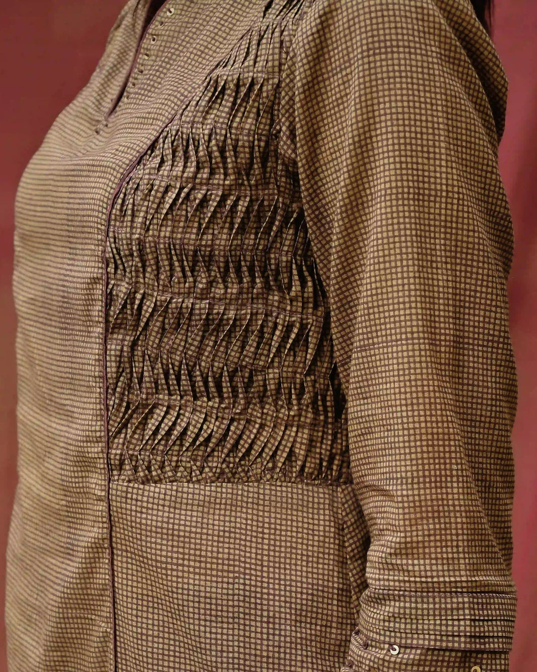 Hand Block Printed Checkered Side Pleating Kurta - Brown