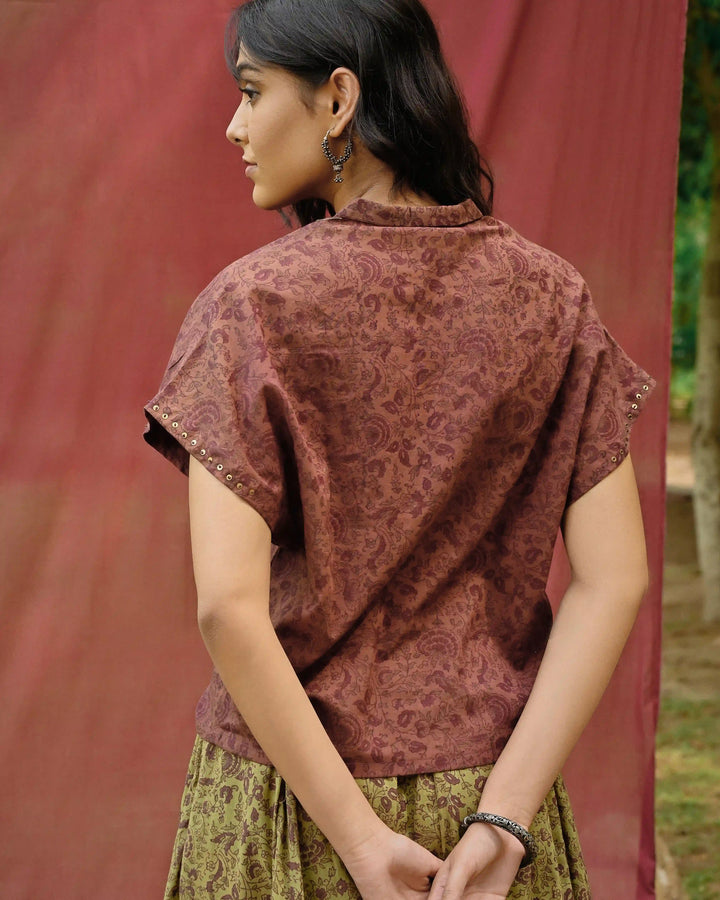Hand Block Printed Drop Shoulder Shirt - Maroon