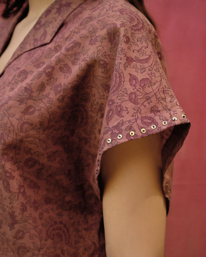 Hand Block Printed Drop Shoulder Shirt - Maroon