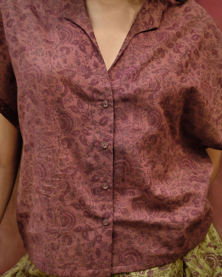 Hand Block Printed Drop Shoulder Shirt - Maroon