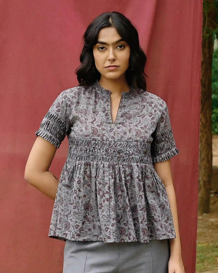 Hand Block Printed Gathered Top - Crown Blue & Purple