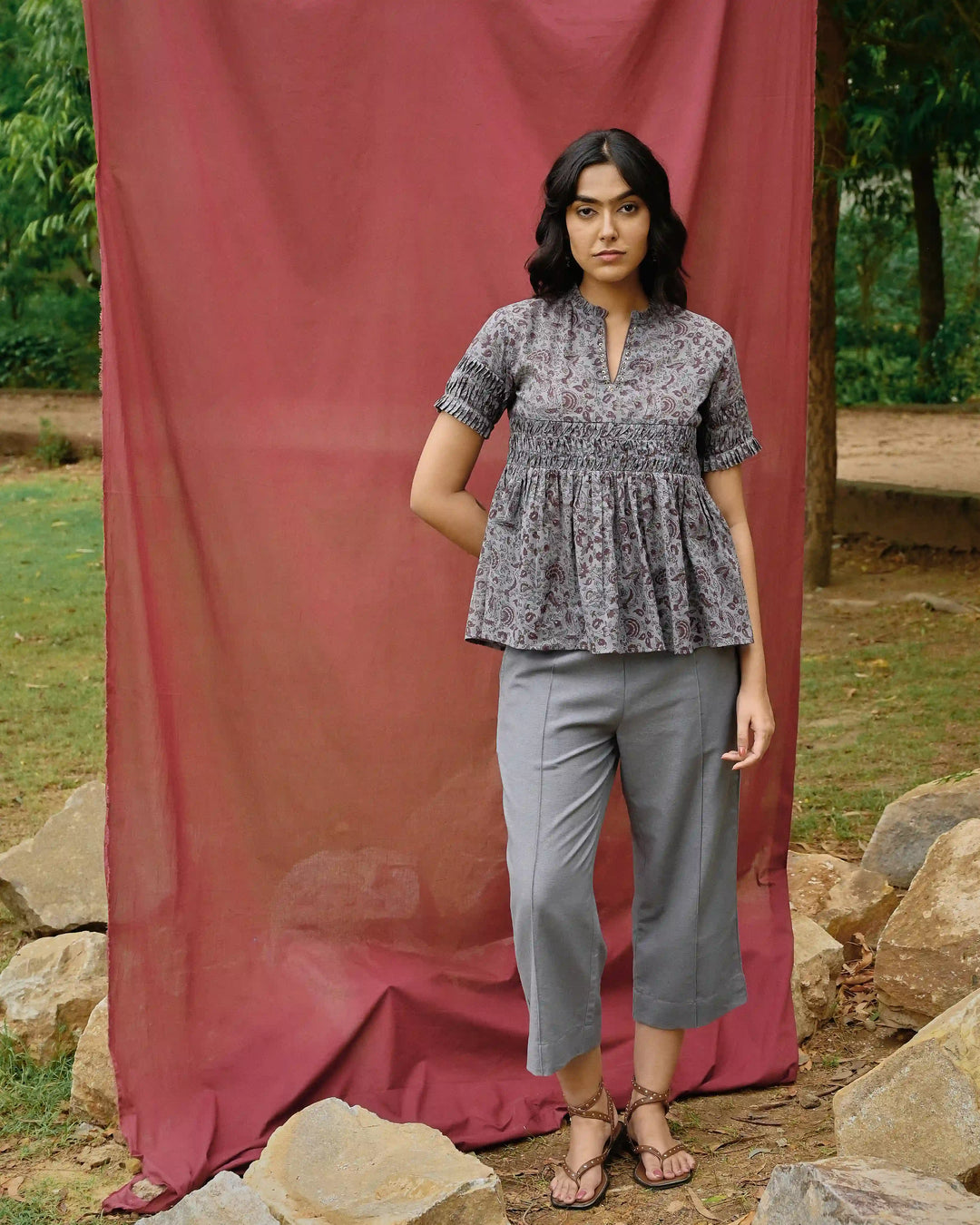 Hand Block Printed Gathered Top - Crown Blue & Purple