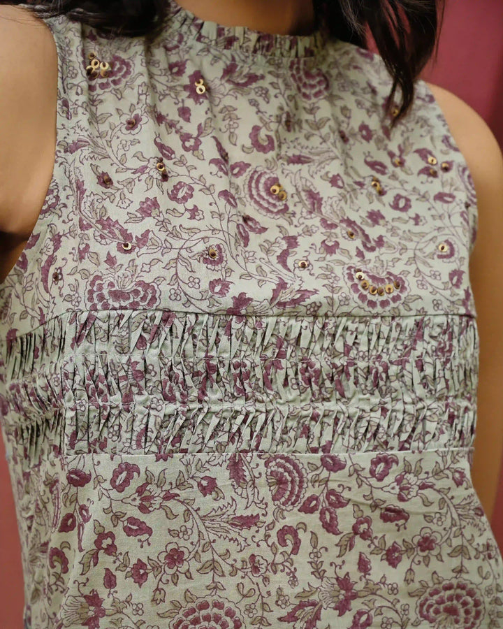 Hand Block Printed Keyhole High Neck Top - Teal & Purple
