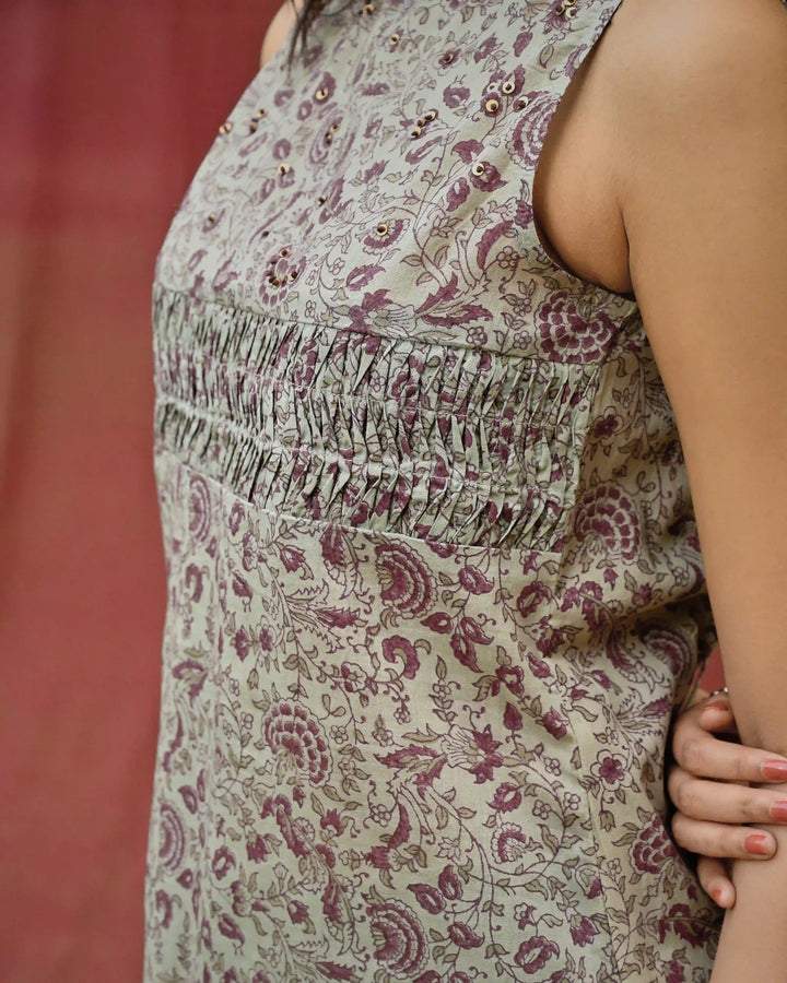 Hand Block Printed Keyhole High Neck Top - Teal & Purple