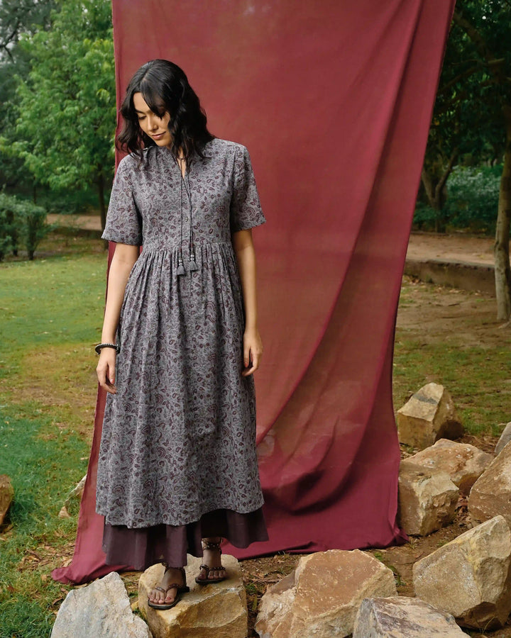 Hand Block Printed Long Dress - Crown Blue & Purple