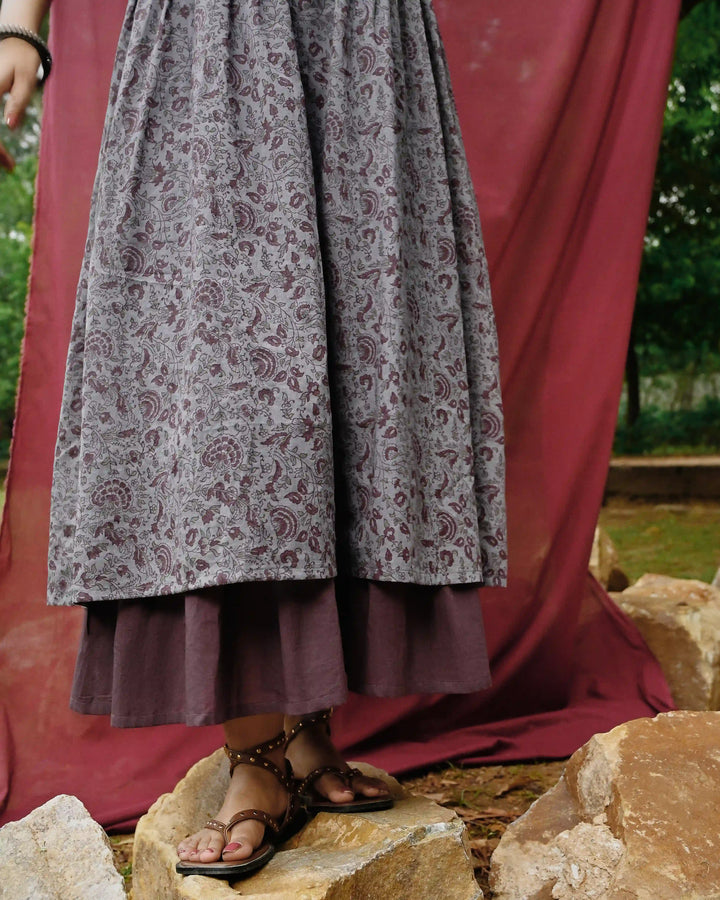 Hand Block Printed Long Dress - Crown Blue & Purple