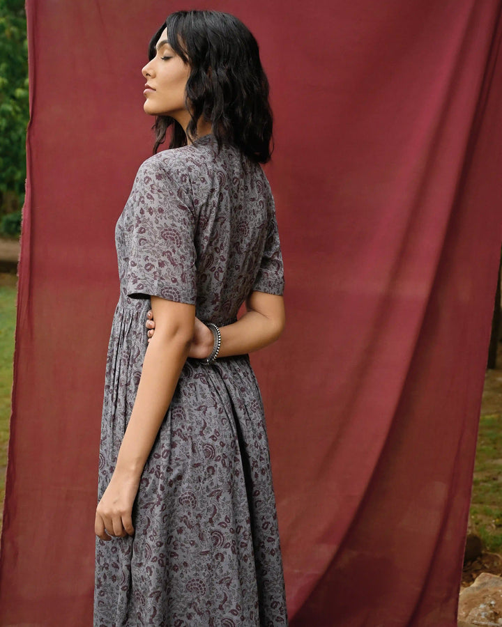 Hand Block Printed Long Dress - Crown Blue & Purple