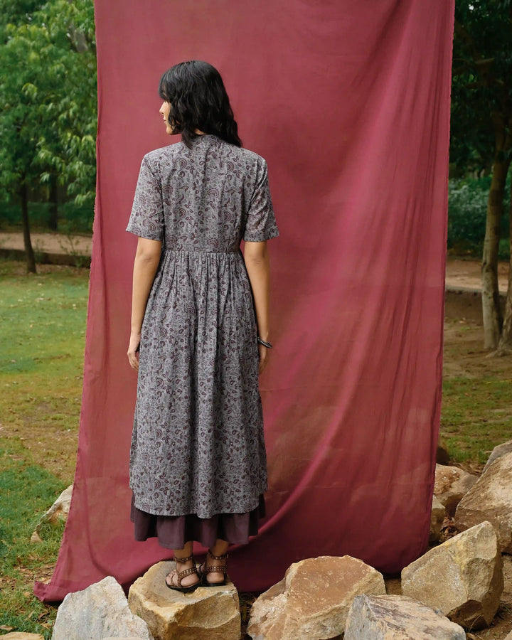Hand Block Printed Long Dress - Crown Blue & Purple