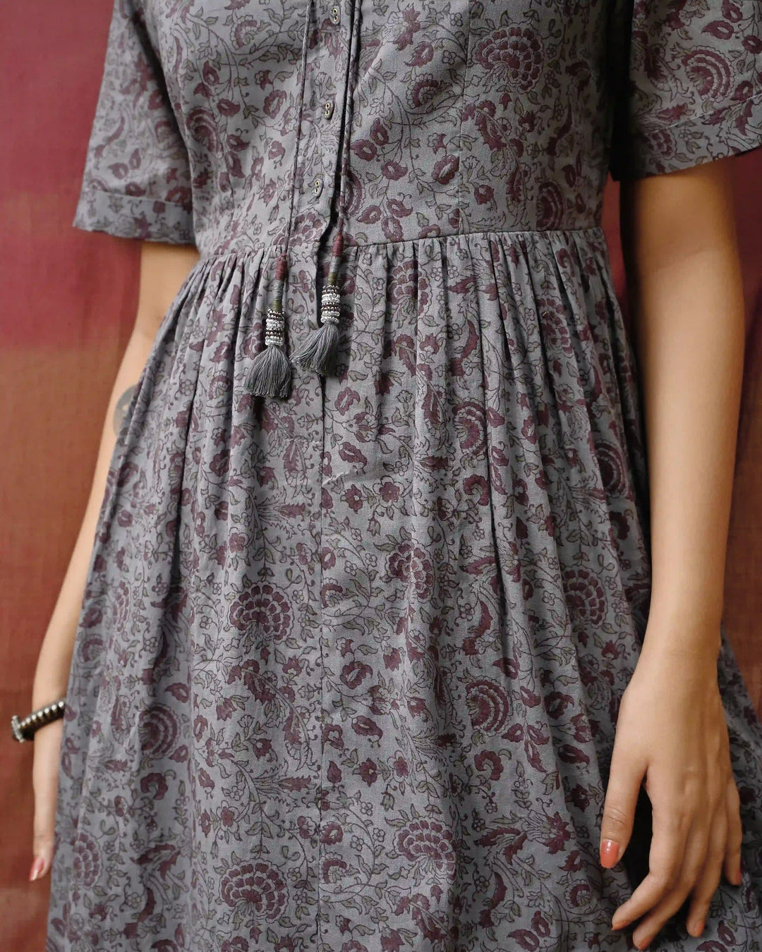 Hand Block Printed Long Dress - Crown Blue & Purple