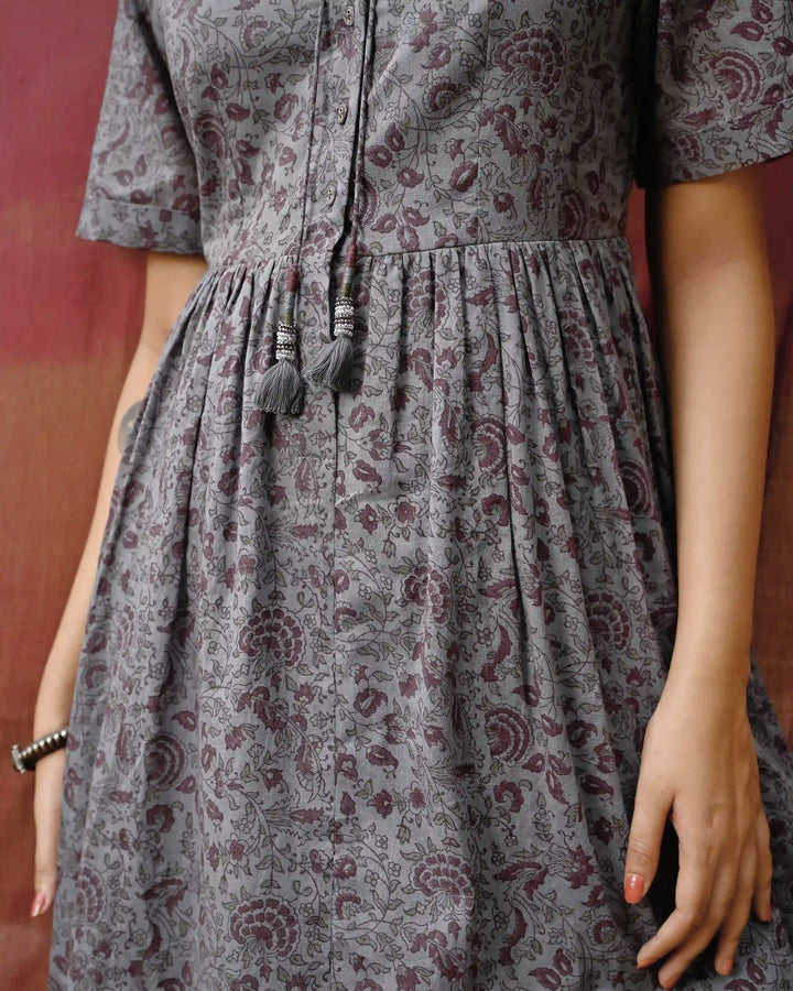 Hand Block Printed Long Dress - Crown Blue & Purple