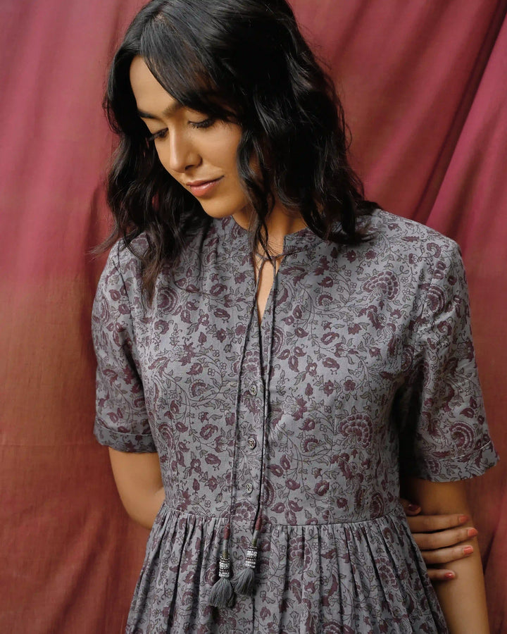 Hand Block Printed Long Dress - Crown Blue & Purple