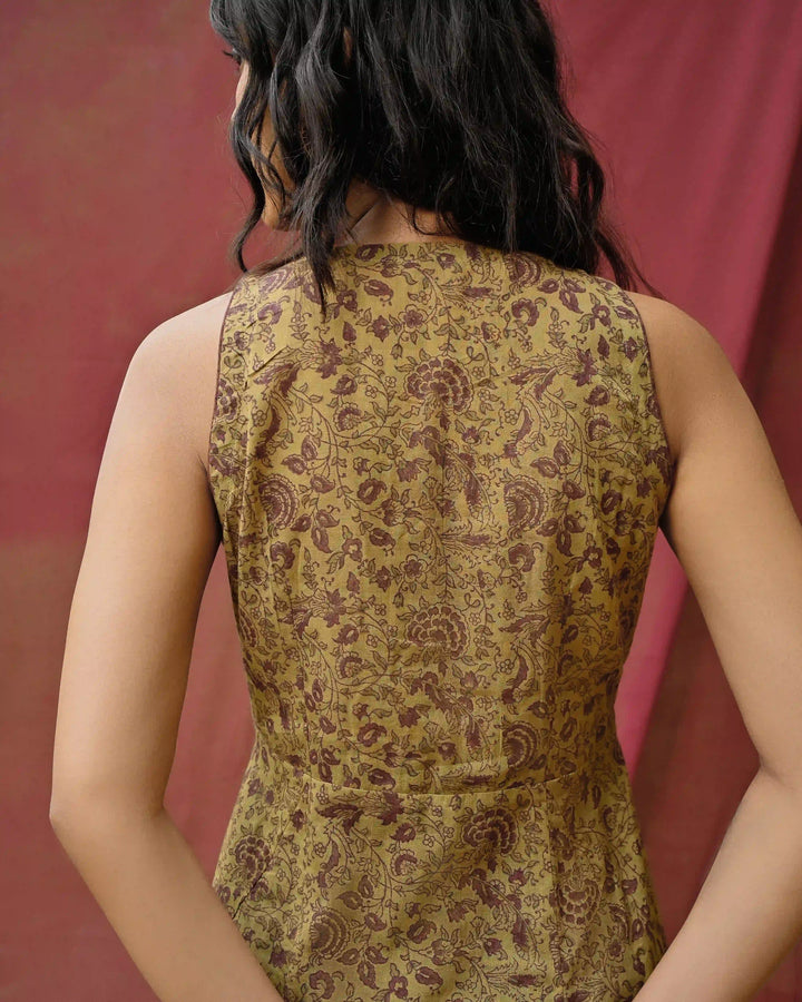 Hand Block Printed Midi Dress - Green & Purple