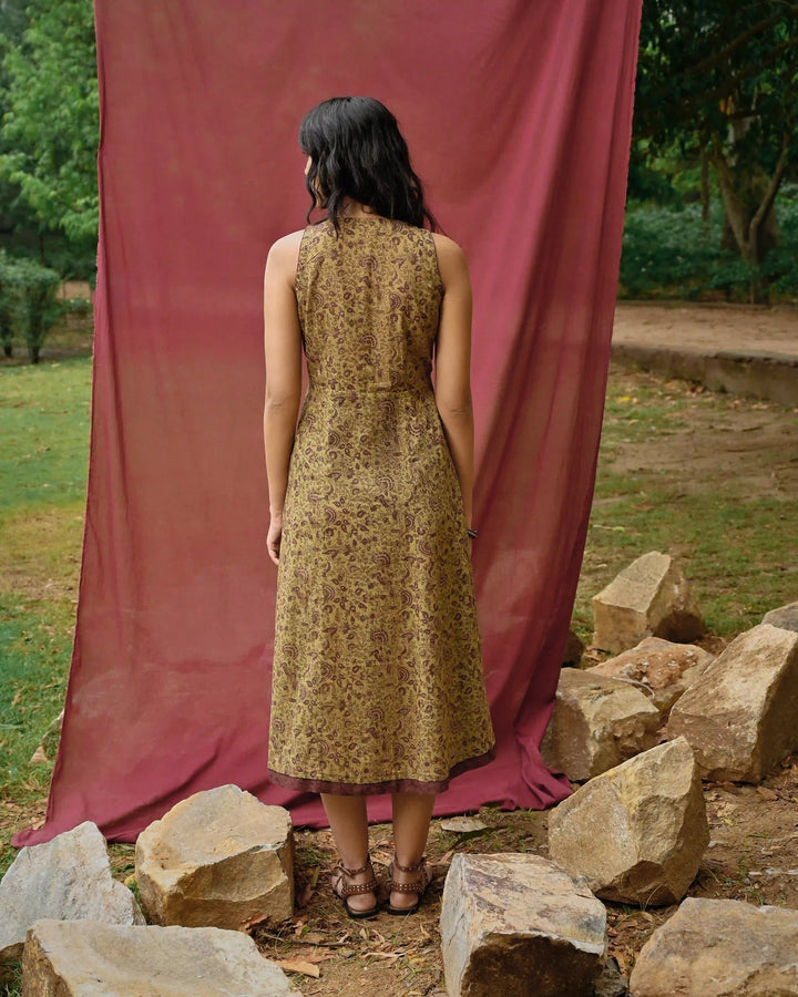 Hand Block Printed Midi Dress - Green & Purple