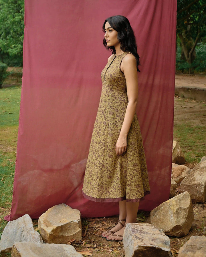 Hand Block Printed Midi Dress - Green & Purple