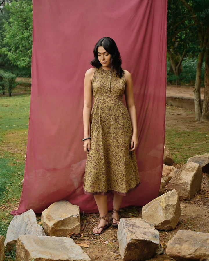 Hand Block Printed Midi Dress - Green & Purple