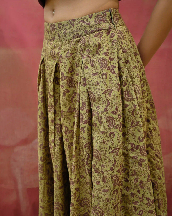 Hand Block Printed Pleated Skirt - Green & Purple