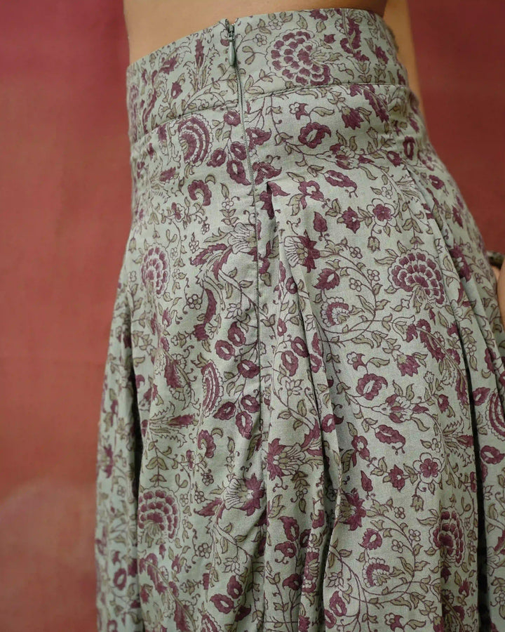 Hand Block Printed Pleated Skirt - Crown Blue & Purple