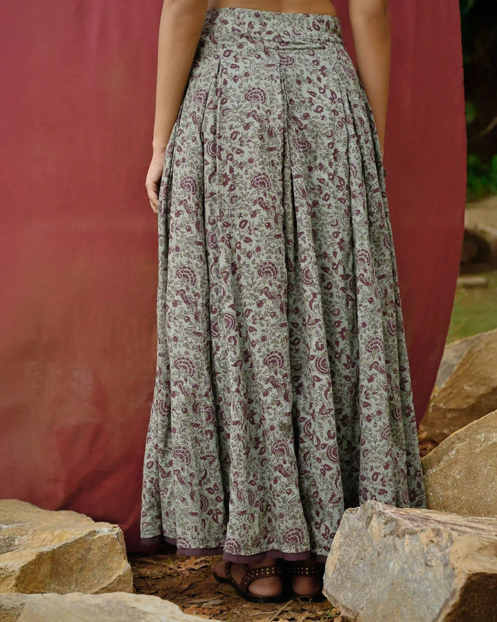 Hand Block Printed Pleated Skirt - Crown Blue & Purple