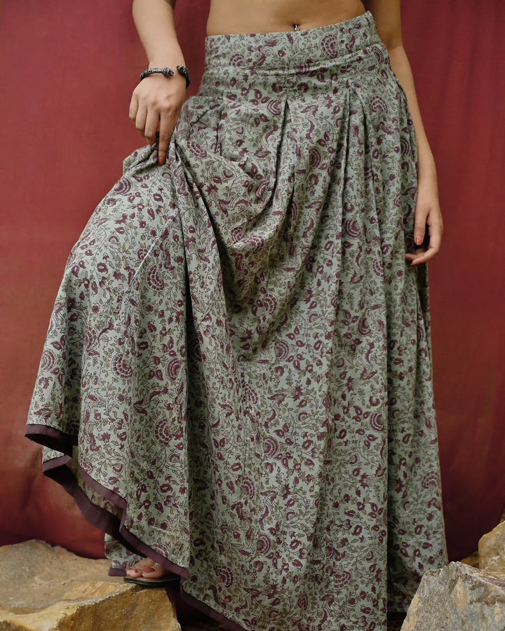 Hand Block Printed Pleated Skirt - Crown Blue & Purple