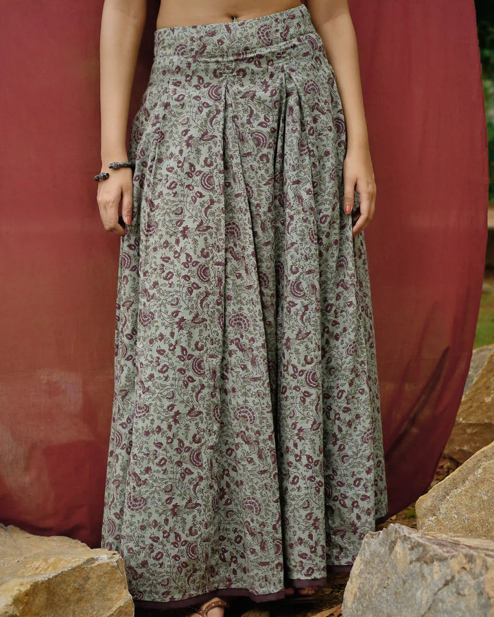 Hand Block Printed Pleated Skirt - Crown Blue & Purple