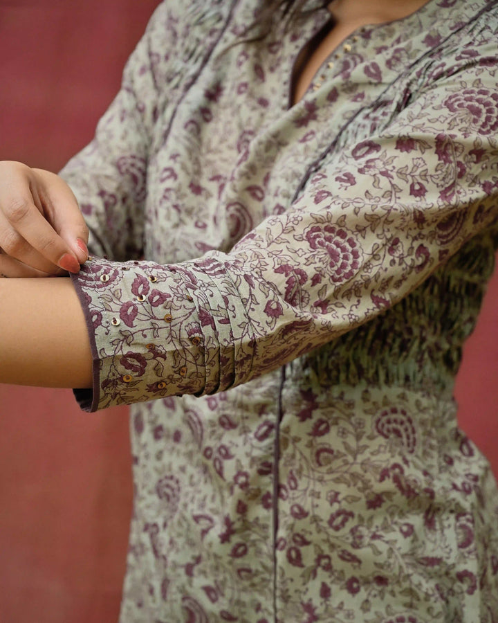 Hand Block Printed Side Pleating Kurta - Teal & Purple