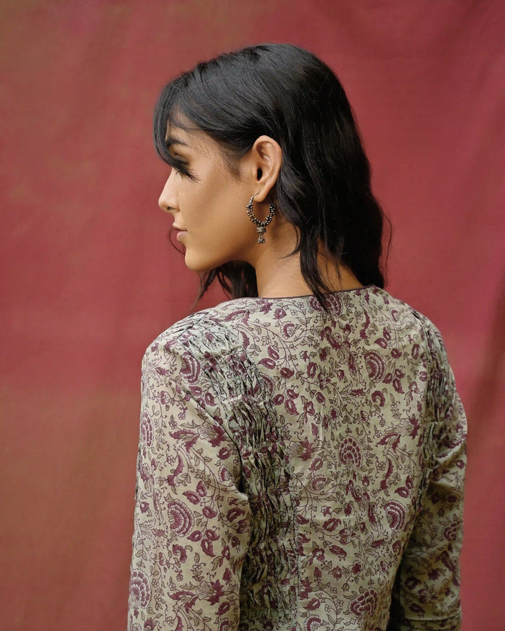 Hand Block Printed Side Pleating Kurta - Teal & Purple