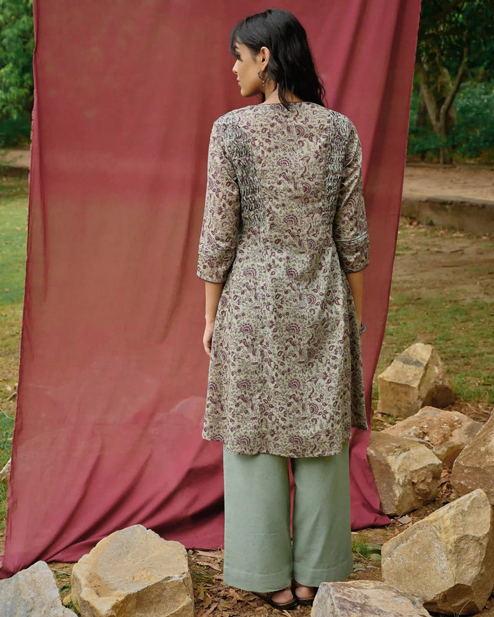 Hand Block Printed Side Pleating Kurta - Teal & Purple