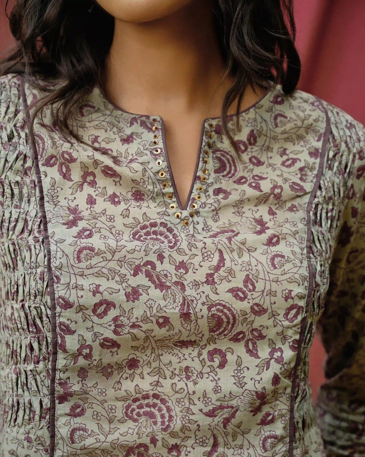 Hand Block Printed Side Pleating Kurta - Teal & Purple