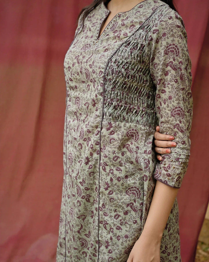 Hand Block Printed Side Pleating Kurta - Teal & Purple
