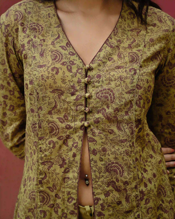 Hand Block Printed Slit Button Up Kurta - Green & Purple