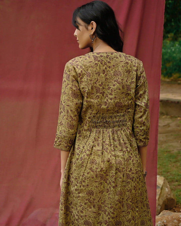 Hand Block Printed Slit Button Up Kurta - Green & Purple