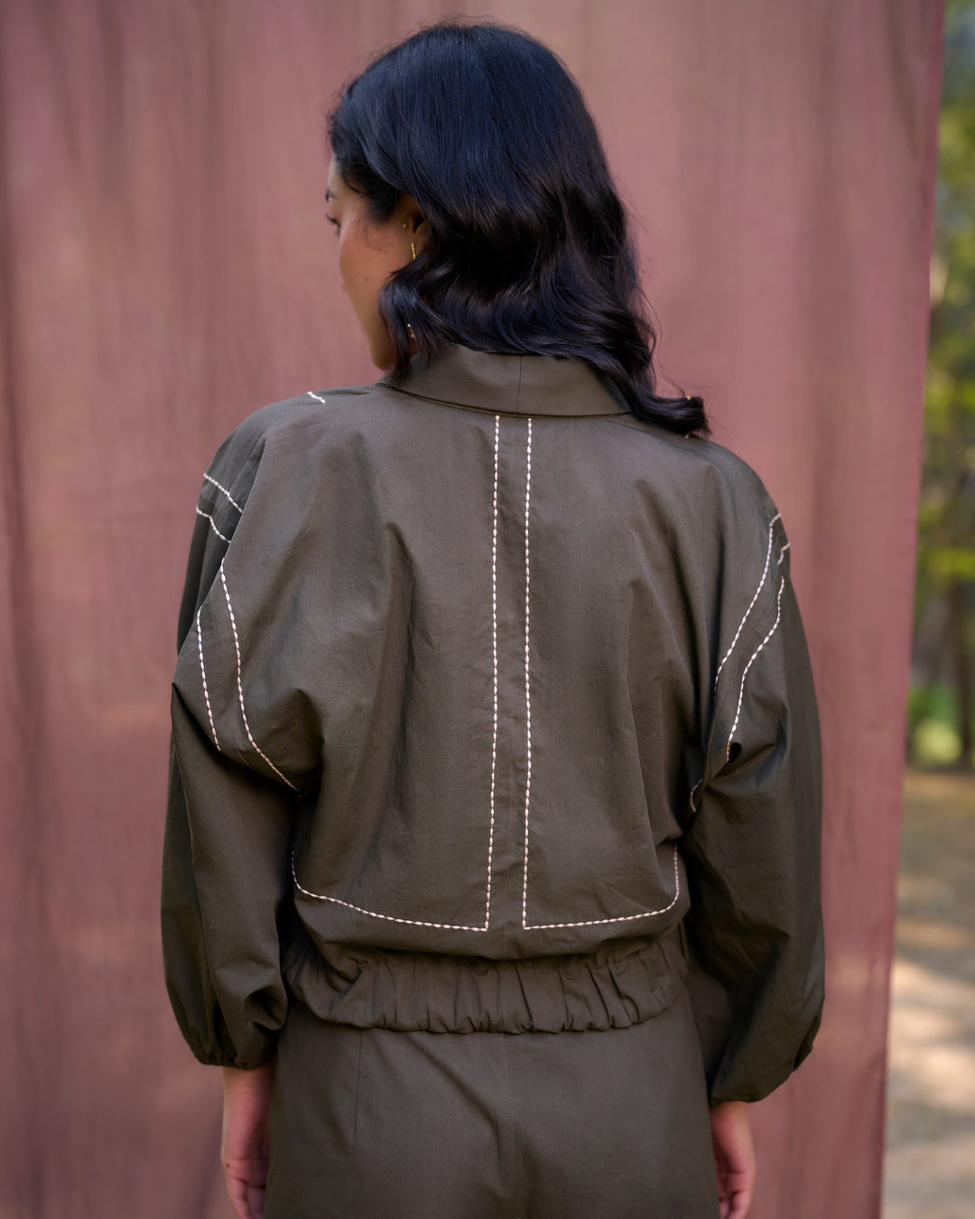 Kantha Embroidered Bomber Jacket Rosin Green