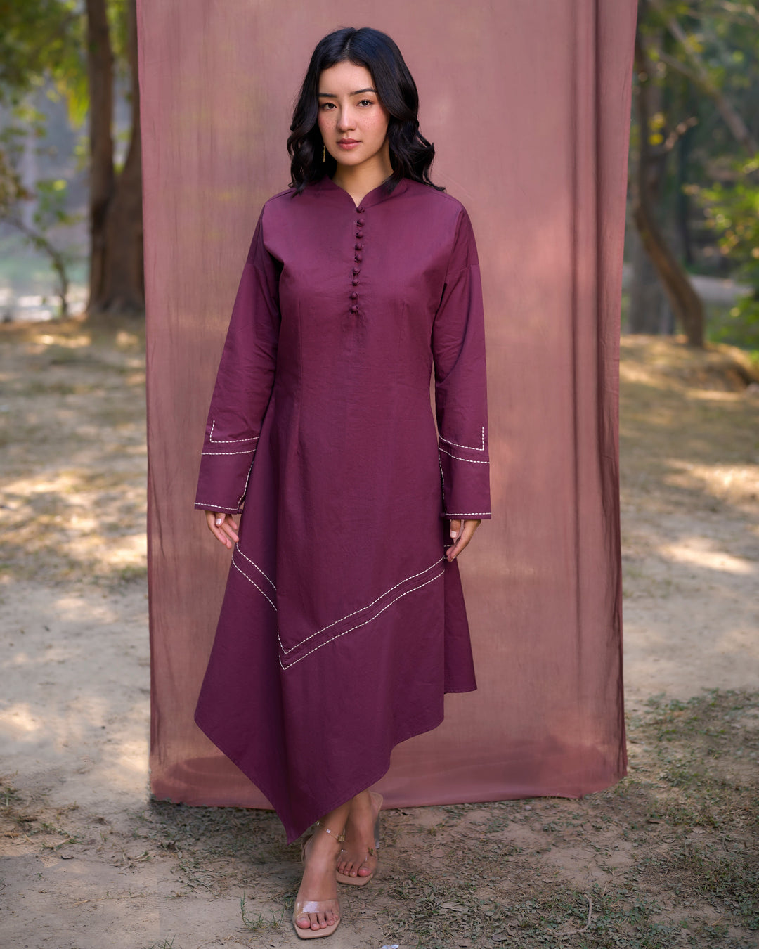 Kantha Embroidered Asymmetrical Dress - Burgundy Srjana India Kantha Embroidered Asymmetrical Dress - Burgundy Srjana India