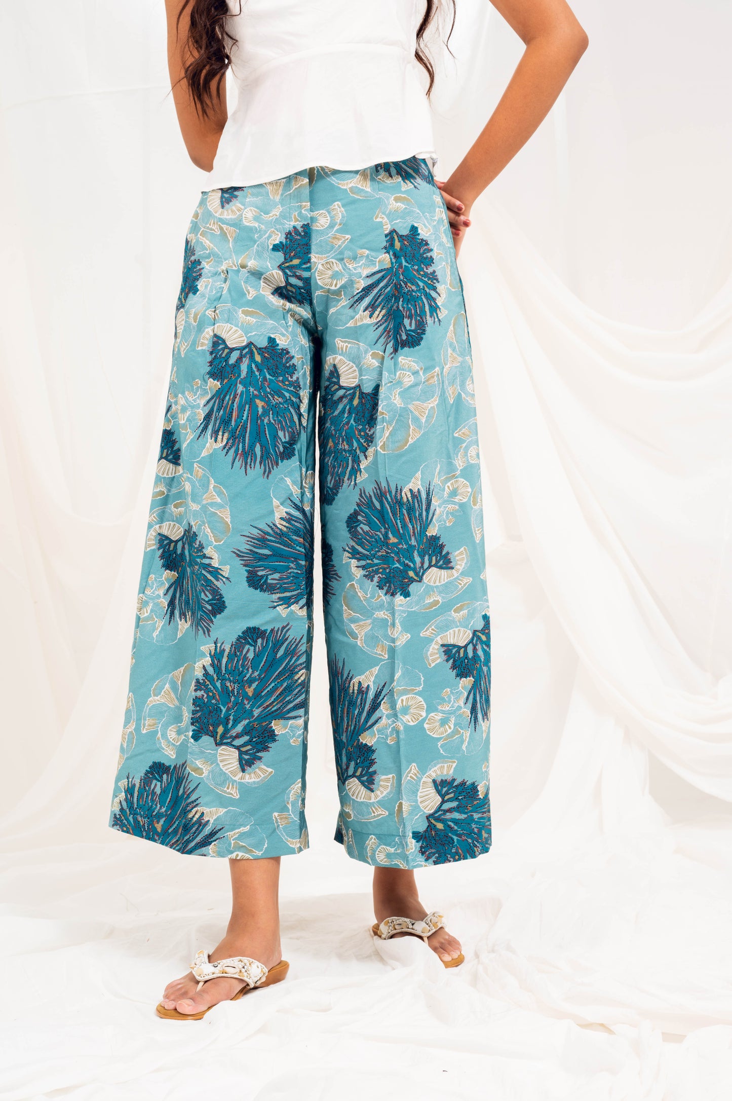 Cadet blue printed wide leg trousers