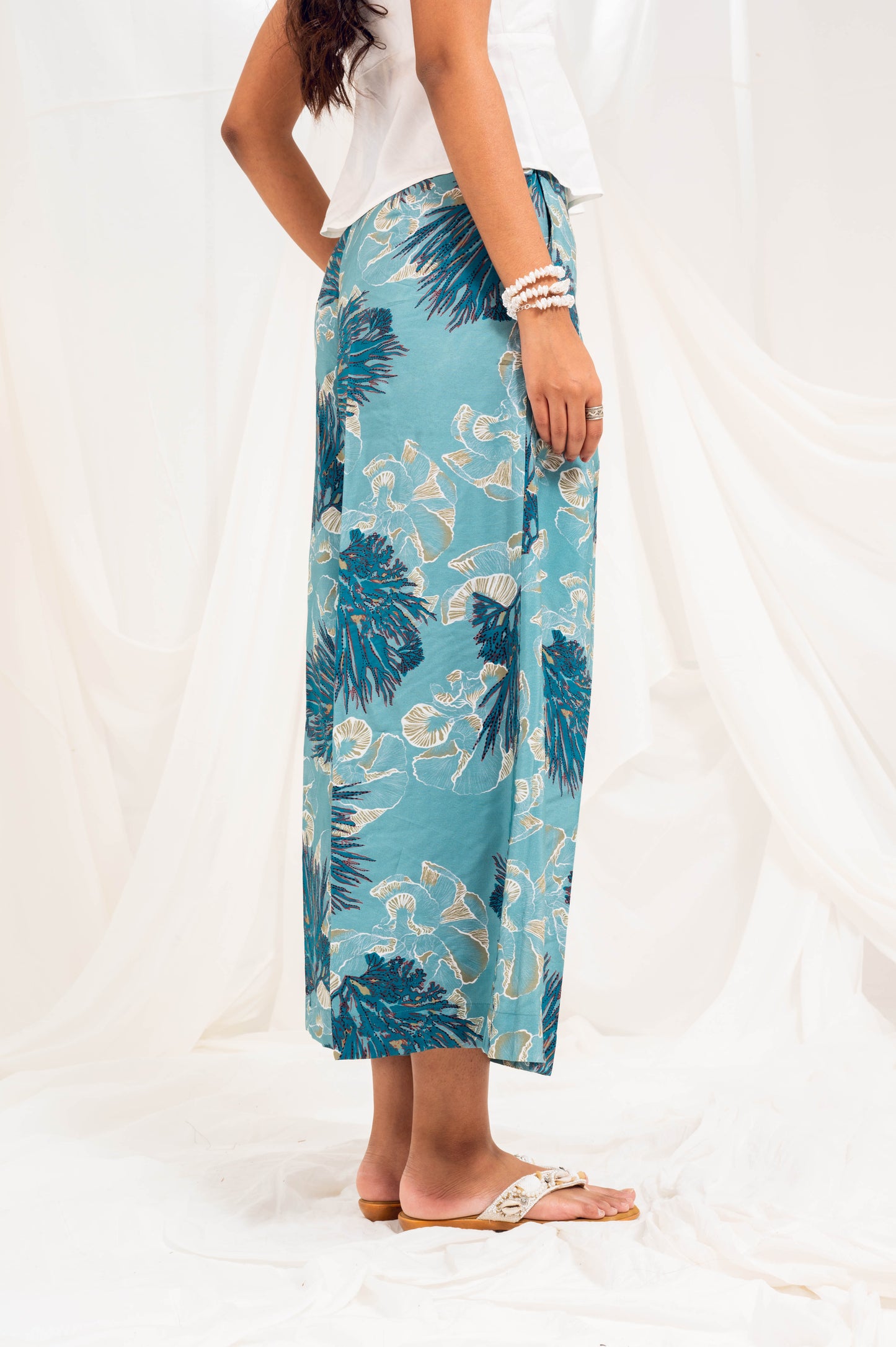 Cadet blue printed wide leg trousers